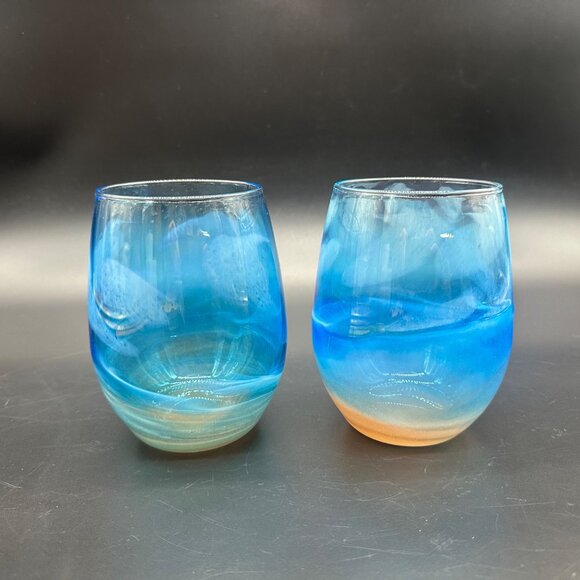 Stemless Wine Glasses Abstract Beach Blue Sandy Brown Nautical Cups Tumblers - Picture 4 of 8